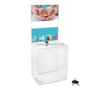 Lucite boxes manufacturer custom acrylic money donation box with lock & sign holder BDB-290