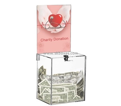 Lucite boxes supplier custom acrylic money donation box with sign holder BDB-299