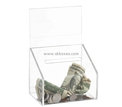Custom acrylic money collection box with lock and sign holder BDB-314