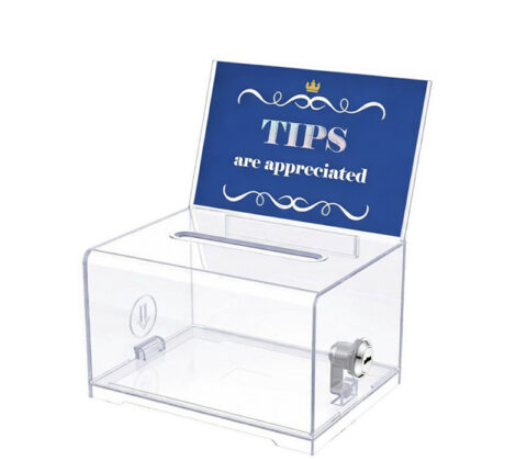 Custom acrylic locking tips box with sign holder