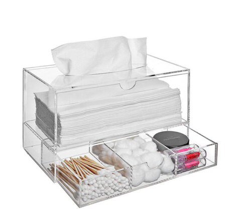 Custom acrylic tissue box with cotton swab drawer