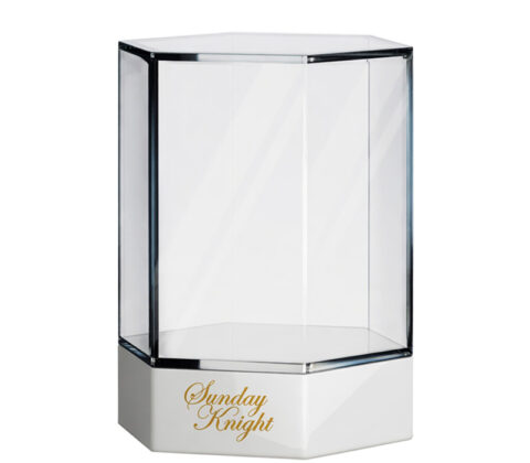 Custom acrylic hexagon showcase with white base
