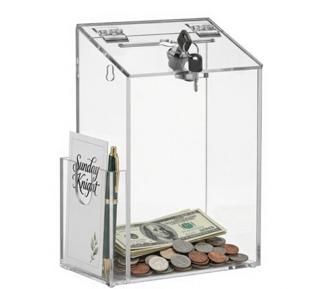 Custom acrylic wall charity container with brochure holder