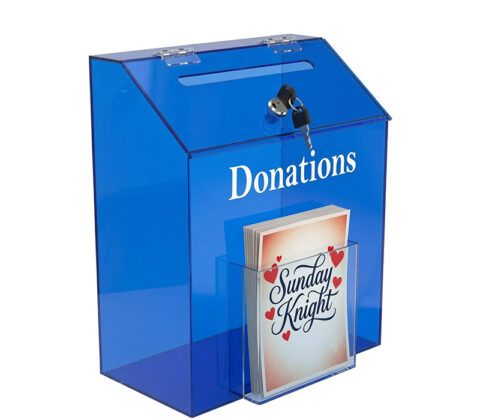Custom acrylic donation charity box with pamphlets holder