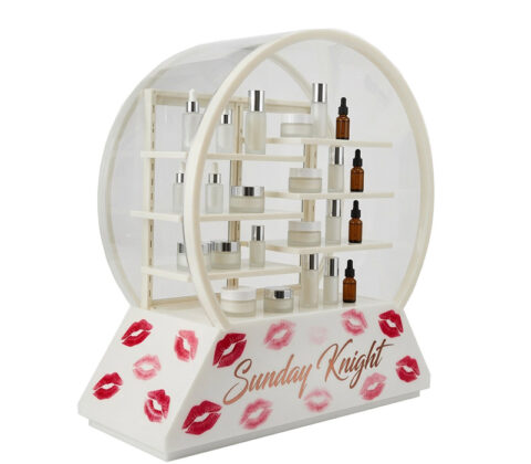 Custom round acrylic makeup display case with base