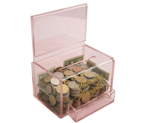 Custom acrylic charity coin collection box with sign holder
