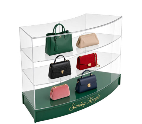 Custom curved acrylic retail handbag LED display cabinet