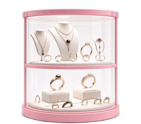 Custom round acrylic 2 tiers jewelry lighting showcase