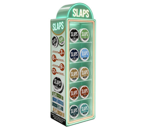 Custom acrylic SLAPS nicotine pouches illuminated display cabinet