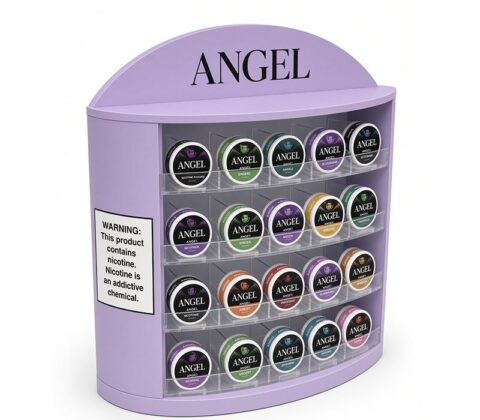 Custom acrylic ANGEL nicotine pouches showcase